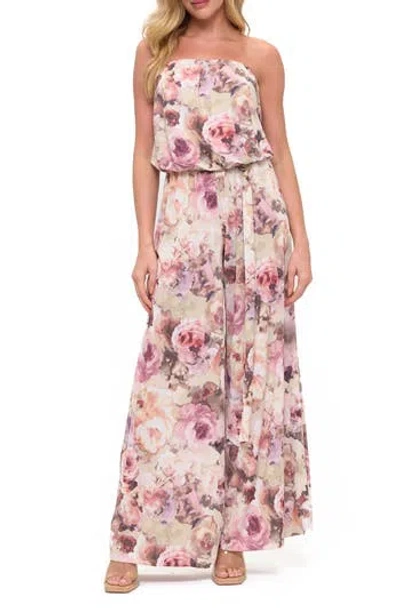 O.l. Floral Print Wide Leg Strapless Jumpsuit In Pink