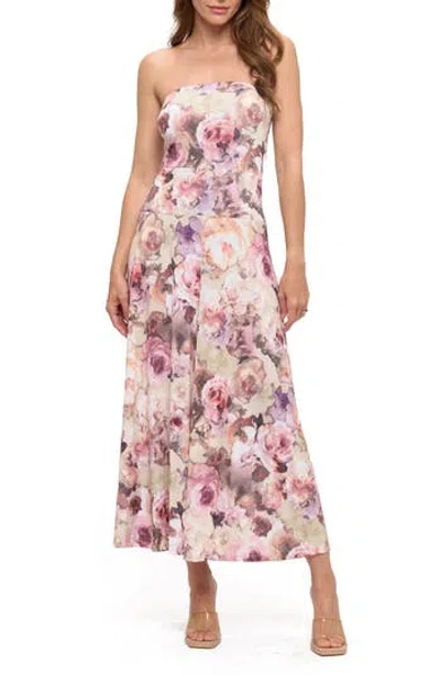 O.l. Printed Strapless Dress In Pink Floral