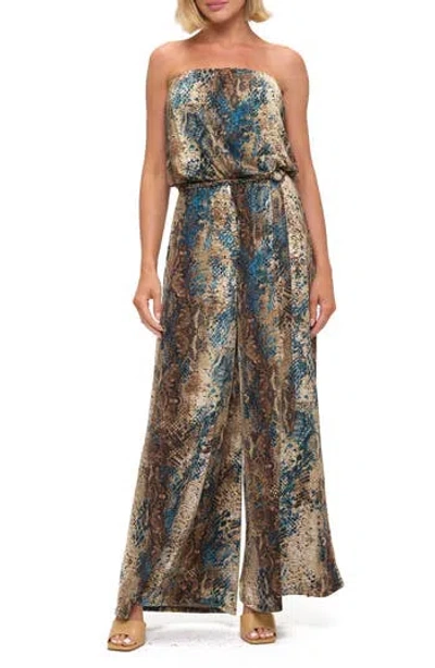 O.l. Printed Strapless Wide Leg Jumpsuit In Blue