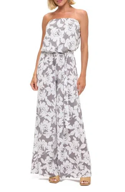 O.l. Printed Strapless Wide Leg Jumpsuit In Gray