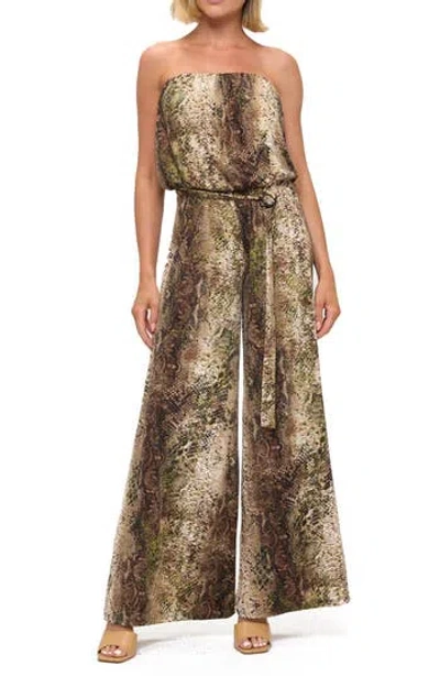 O.l. Printed Strapless Wide Leg Jumpsuit In Green