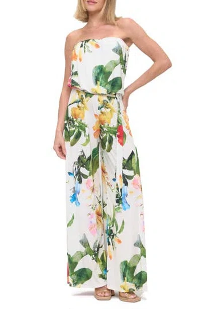 O.l. Printed Strapless Wide Leg Jumpsuit In White