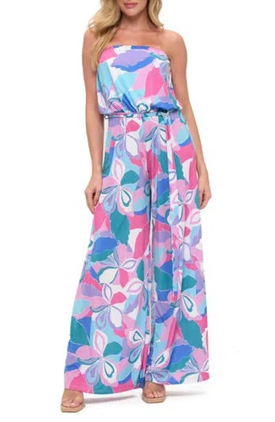 O.l. Printed Strapless Wide Leg Romper In Blue