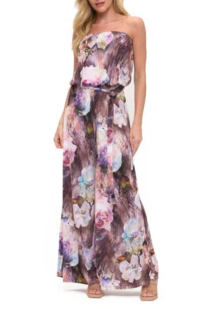O.l. Printed Strapless Wide Leg Romper In Purple
