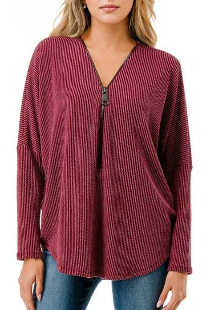 O.l. Quarter Zip Drop Shoulder Rib Long Sleeve Top In Burgundy