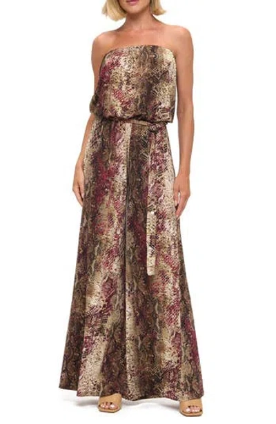 O.l. Snake Print Strapless Wide Leg Jumpsuit In Burgundy