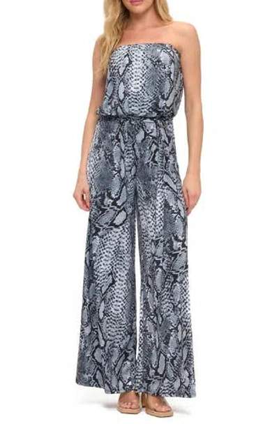 O.l. Snakeskin Print Wide Leg Strapless Jumpsuit In Gray