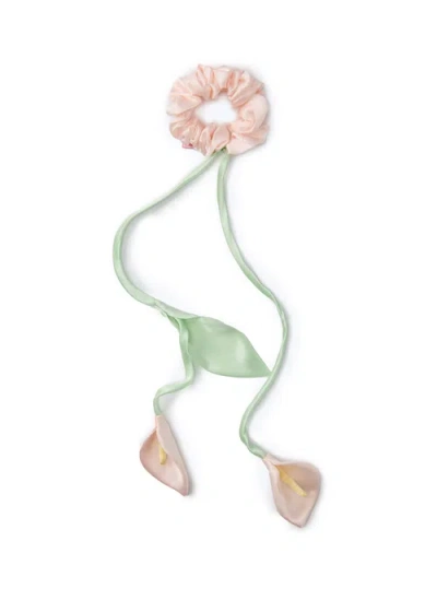 Olah Calla Lily Silk Hair Tie Scrunchie In Pink And Green