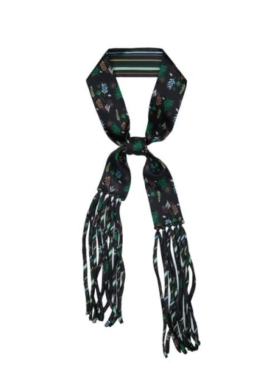Olah Frida With Love Silk Skinny Fringe Scarf In Midnight Jardin