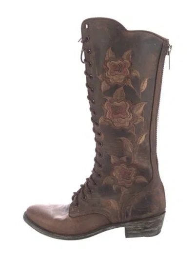 Pre-owned Old Gringo Leather Floral Print Combat Boots In Brown