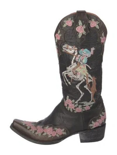 Pre-owned Old Gringo Leather Floral Print Western Boots In Black