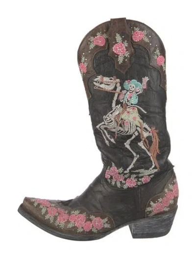 Pre-owned Old Gringo Leather Floral Print Western Boots In Brown