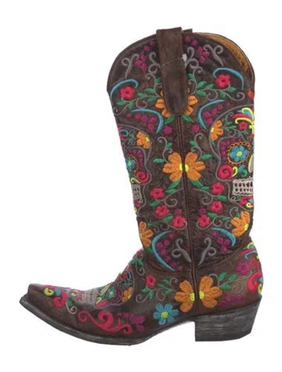 Pre-owned Old Gringo Leather Floral Print Western Boots In Brown