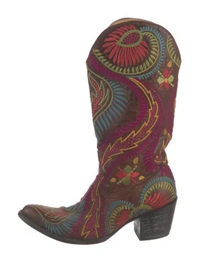 Pre-owned Old Gringo Suede Floral Print Western Boots In Brown/red
