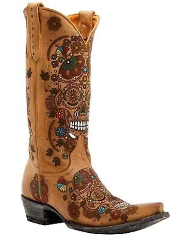 Pre-owned Old Gringo Women's Cavalier Skull And Floral Burnished Tall Western Leather Boot In Beige/khaki