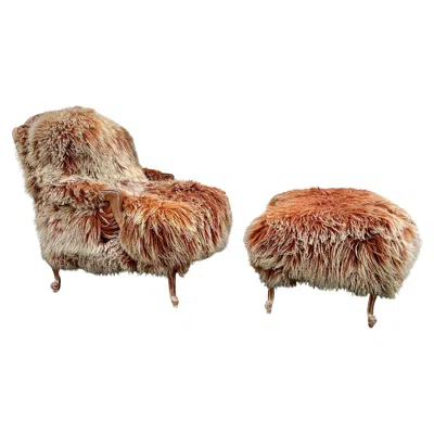 Pre-owned Old Hickory Tannery 1990s Alpaca Fur Leather Old Hickory Rustic Bergere Chair And Ottoman, Set Of 2 In Brown