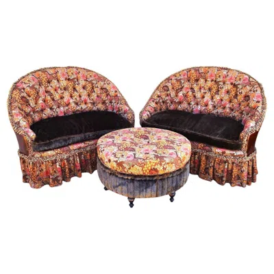 Pre-owned Old Hickory Tannery Settees & Ottoman, Leather & Cotton, 1980s, Usa In Brown