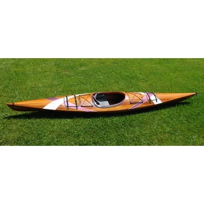 Old Modern Handicrafts Wooden Kayak With White & Purple Ribbon 15 Ft In Brown
