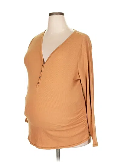 Pre-owned Old Navy - Maternity Long Sleeve Top Tan Plunge Neckline Tops In Brown