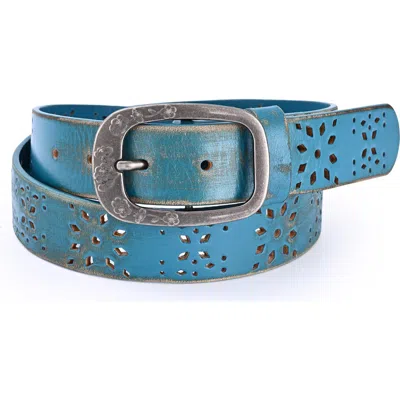 Old Trend Blooming Genuine Leather Perforated Floral Vintage Belt In Blue
