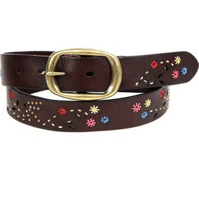 Old Trend Blossom Genuine Leather Hand Stitched Colorful Detail Belt In Brown