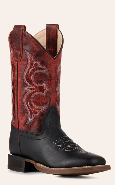 Old West Kids Black And Burnt Red Wide Square Toe Cowboy Boots