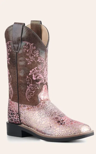 Old West Kids Brown And Crackle Antique Pink Square Toe Cowboy Boots