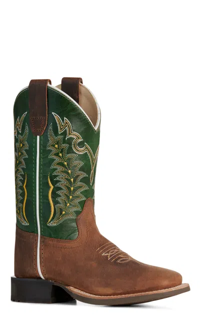 Old West Kids' Brown & Green Wide Square Toe Cowboy Boots
