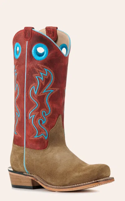 Old West Kids Camel Suede And Red Punchy Square Toe Cowboy Boots In Brown