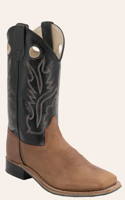 Old West Kids Distressed Brown And Black Corona Calf Leather Square Toe Cowboy Boots In Multi
