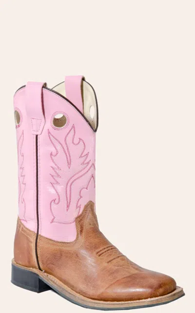 Old West Kids Distressed Brown And Pink Corona Calf Square Toe Cowboy Boot