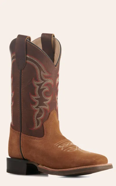 Old West Kids Light Brown And Dark Brown Wide Square Toe Cowboy Boots In Blue
