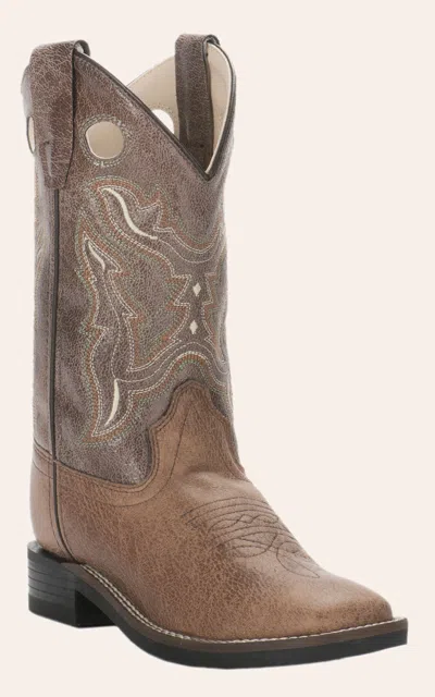 Old West Kids Tan And Brown Leatherette Wide Square Toe Cowboy Boots