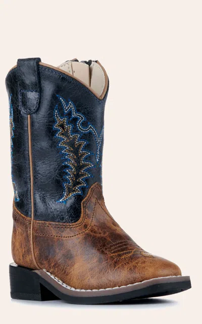 Old West Babies' Toddler Burnt Tan And Navy Blue Wide Square Toe Cowboy Boots In Brown