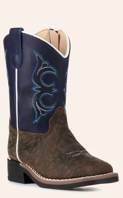 Old West Babies' Toddler Dark Brown And Blue Wide Square Toe Cowboy Boots