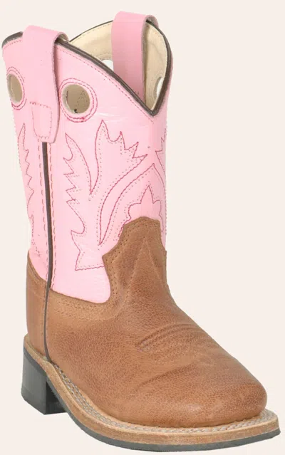 Old West Babies' Toddler Distressed Brown And Pink Corona Calf Square Toe Cowboy Boot