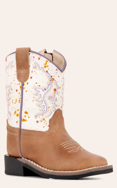 Old West Babies' Toddler Light Brown And Rainbow Crackle Wide Square Toe Cowboy Boots