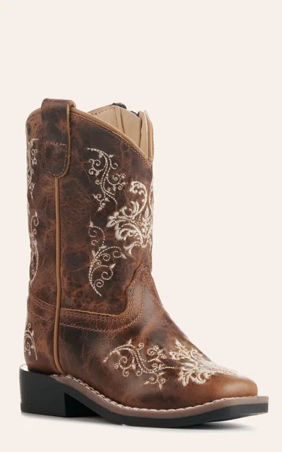 Old West Babies' Toddlers' Burnt Tan With Cream Embroidery Wide Square Toe Cowboy Boots In Brown