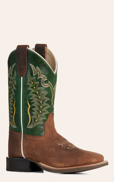 Old West Youth Brown & Green Wide Square Toe Boots