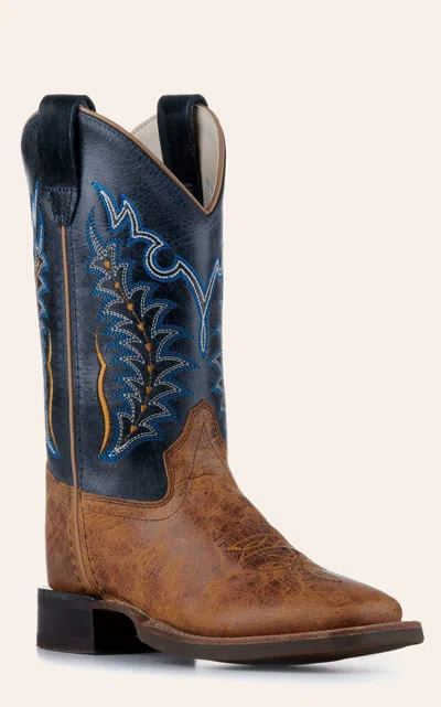 Old West Youth Burnt Tan And Navy Blue Wide Square Toe Cowboy Boots In Brown