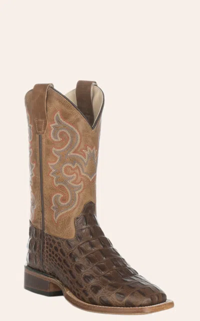 Old West Youth Chocolate Croc Print And Tan Wide Square Toe Western Boots In Brown