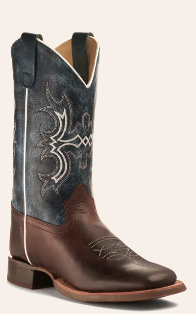 Old West Youth Dark Brown And Wipe Out Blue Wide Square Toe Cowboy Boot