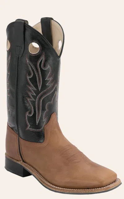 Old West Youth Distressed Brown And Black Corona Calf Leather Square Toe Cowboy Boots