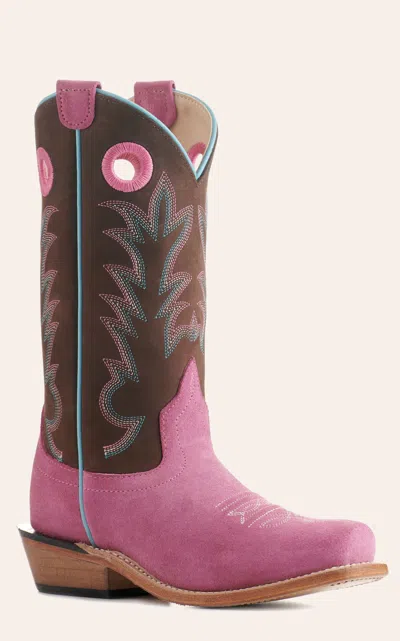 Old West Youth Pink Suede And Brown Punchy Square Toe Cowboy Boots