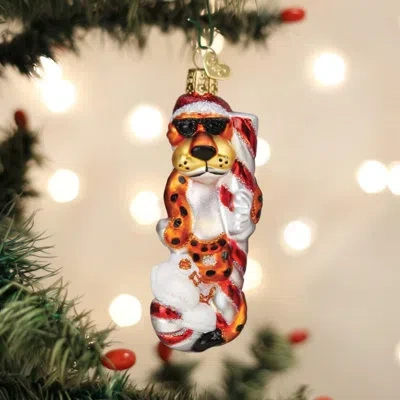 Old World Christmas Chester Cheetah On Candy Cane Hanging Figurine Ornament In Red;orange;gold;multicolored
