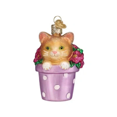 Old World Christmas Glass Blown Kitten In Flower Pot Hanging Figurine Ornament