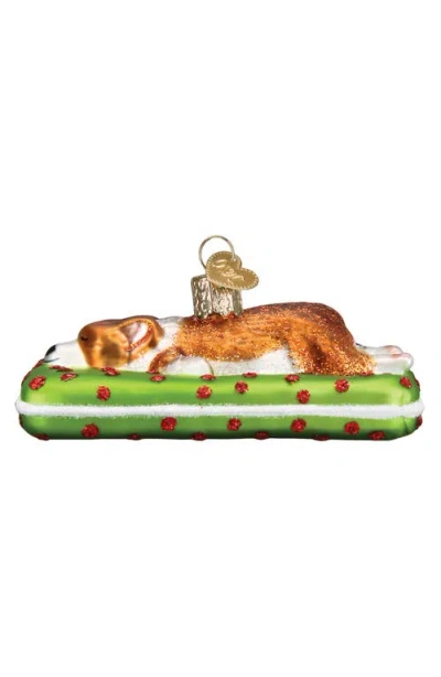 Old World Christmas Sleepy Corgi Ornament In Brown/white/green