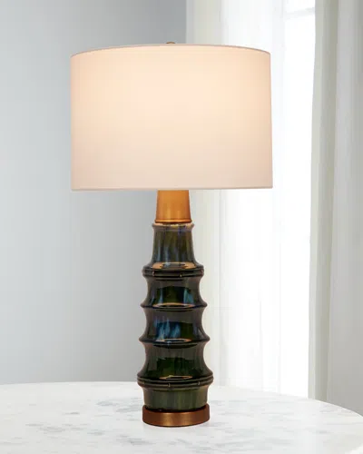 Old World Design Ceramic 29" Table Lamp With Brass Accents And Linen Shade In Green