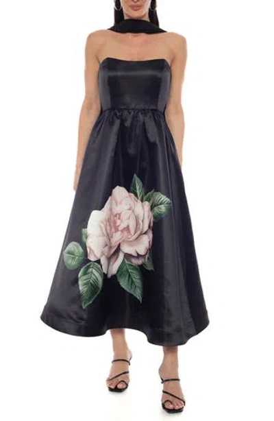 Oleg Cassini Floral Strapless Satin Midi Gown With Scarf In Blue