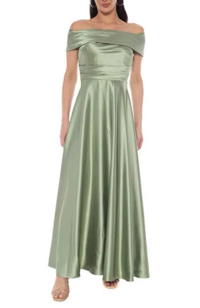 Oleg Cassini Off The Shoulder Ruched Stretch Twill Satin Gown In Gray